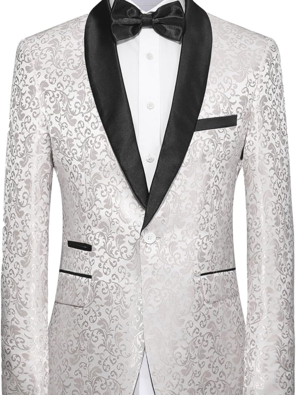 Men's Cream Floral Jacquard Tuxedo Blazer with Black Satin Shawl Lapel - Picture 2 of 4